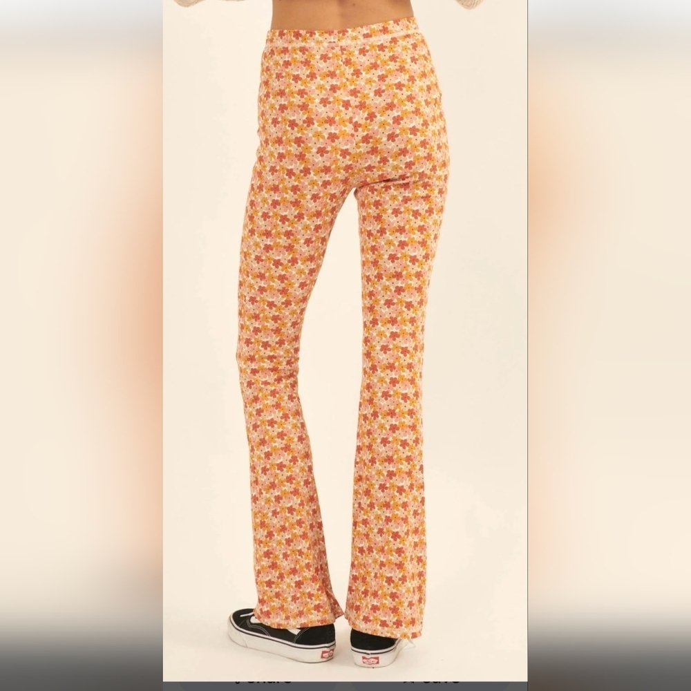 Arula Floral-print ribbed knit pants, Boho Flare Fitted Cream Pants Sz 0x
